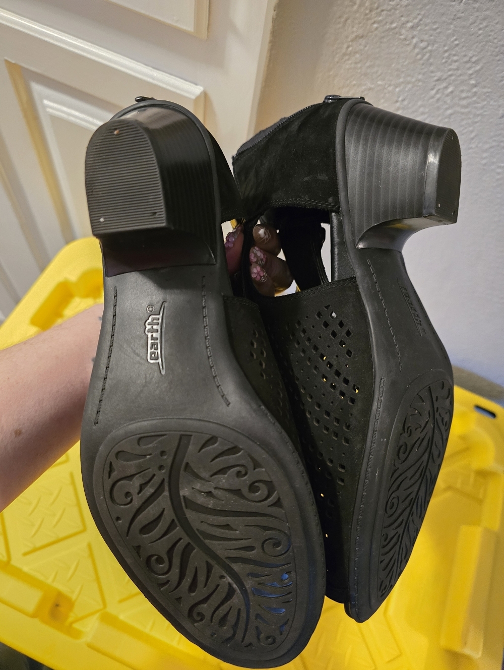 Earth Black Perforated Peep-Toe Heeled Booties - Picture 4 of 6